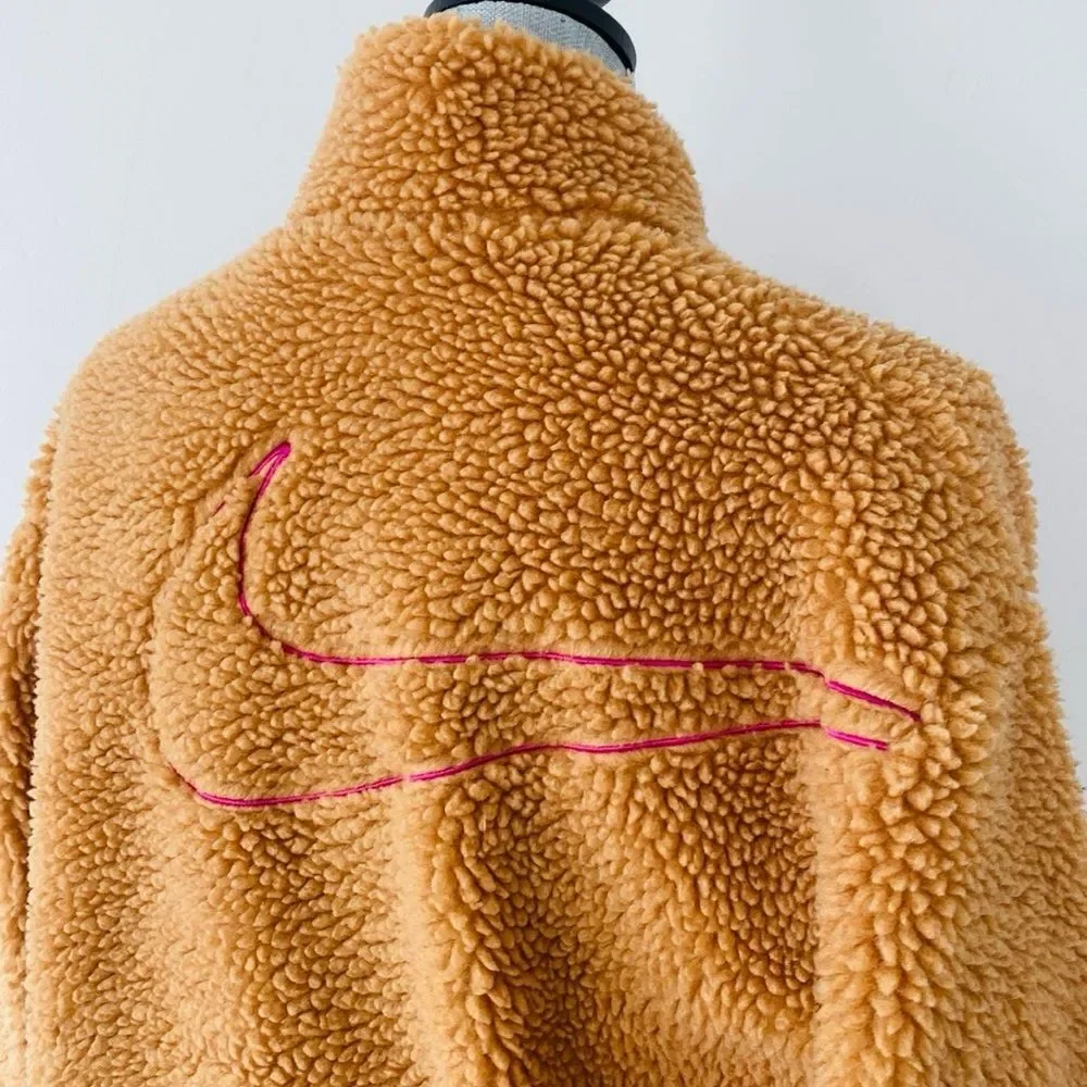 Nike Brown Sherpa Fleece Jacket Pink Embroidered Logo S Sold by Revolve - Picture 5 of 13